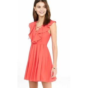 Pindot Lace-up Ruffle Fit and Flare Dress